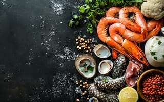 Картинка морепродукты, креветки, блюда, кулинария, лимон, зелень, овощи