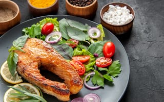 Картинка еда, рыба, салат, помидоры, базилик, приправы, кулинария, блюдо, здоровое питание, рецепт