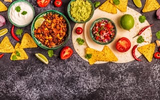 Картинка еда, тако, гуакамоле, сальса, чипсы, помидоры, лимон, закуска, кулинария, вкусно