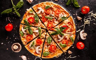 Картинка пицца, еда, томат, базилик, грибы, вкусно, рецепт