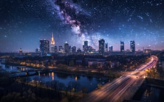 Картинка город, ночь, галактика, небо, свет, архитектура, пейзаж, звезды, река, мегаполис