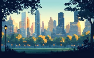 Картинка город, пейзаж, небо, здания, парк, вечер, освещение