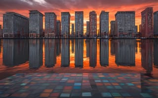 Картинка город, закат, здания, отражение, вода, архитектура, пейзаж, современный, небо, гладь