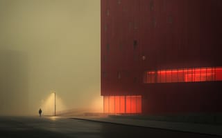 Картинка здание, туман, город, ночь, освещение, архитектура, пешеход