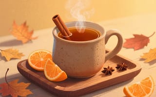 Картинка чай, апельсин, осень, кружка, корица, листья, аромат