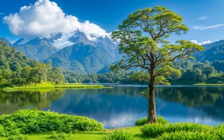 Картинка природа, озеро, горы, дерево, пейзаж, небо, отражение