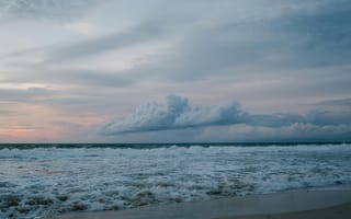 Картинка море, облака, закат, пейзаж, природа, пляж, водная гладь