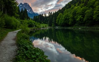 Картинка природа, горы, озеро, лес, пейзаж, закат, отражение