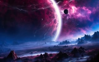 Картинка космос, галактика, планеты, небо, звезды, пейзаж, фантазия, красный, синий, туман