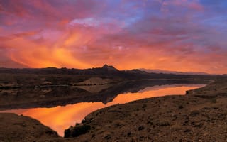 Картинка закат, природа, озеро, горы, пейзаж, небо, отражение