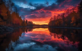 Картинка закат, природа, река, отражение, осень, пейзаж, небо