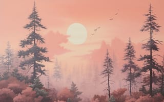 Картинка лес, закат, природа, деревья, пейзаж, мгла, солнце