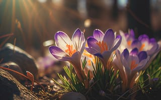 Картинка цветы, крокусы, природа, весна, свет, пейзаж, красота