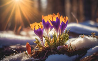 Картинка цветы, крокусы, весна, природа, солнце, снег, пейзаж