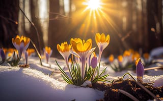 Картинка цветы, весна, солнце, природа, крокусы, снег, лес, пейзаж, яркие, свет