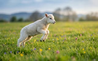Картинка ягня, прыжок, трава, цветы, природа, сельский, весна