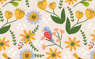 Картинка цветы, птицы, узор, природа, весна, иллюстрация, фоновое