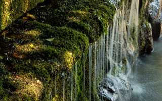 Картинка водопад, природа, мох, камни, вода, поток, лес