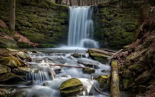 Картинка водопад, природа, река, лес, камни, мох, пейзаж, вода, осень, тишина