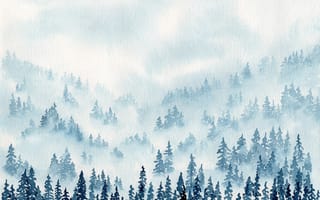 Картинка лес, туман, природа, пейзаж, горы, акварель, синий