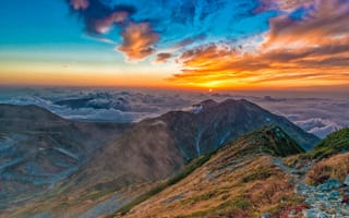 Картинка горы, закат, природа, пейзаж, облака, небо, ландшафт