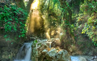 Картинка природа, водопад, лес, свет, камни, река, зелень