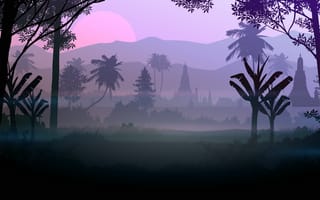 Картинка пейзаж, закат, природа, тропики, силуэты, деревья, горы
