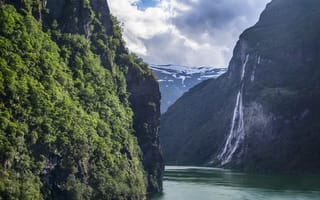 Картинка природа, водопад, горы, озеро, лес, пейзаж, скалы