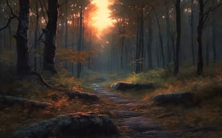 Картинка лес, природа, осень, пейзаж, свет, тропа, камни, деревья, тишина, закат