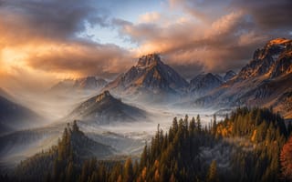 Картинка горы, природа, пейзаж, закат, лес, облака, туман