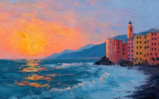 Картинка закат, море, пейзаж, архитектура, город, живопись, природа, красота