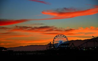 Картинка закат, колесо обозрения, пирс, небо, пейзаж, развлечения, город