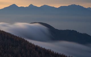 Картинка горы, облака, природа, пейзаж, закат, туман, лес