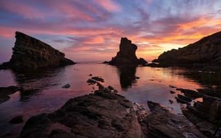 Картинка закат, природа, море, скалы, отражение, пейзаж, небо