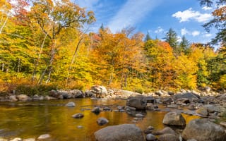 Картинка осень, река, природа, пейзаж, деревья, камни, водоем, цвета, отражение, небо