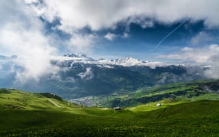 Картинка горы, природа, пейзаж, облака, зелень, снег, лето, альпы, вид, отдых
