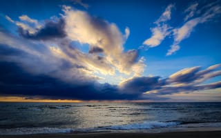 Картинка море, облака, закат, природа, пейзаж, небо, водная гладь