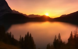 Картинка закат, озеро, горы, природа, пейзаж, лес, мирный