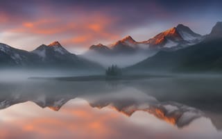 Картинка горы, озеро, закат, природа, отражение, туман, пейзаж, мирный