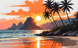 Картинка пейзаж, закат, море, пальмы, пляж, горы, природа, отдых