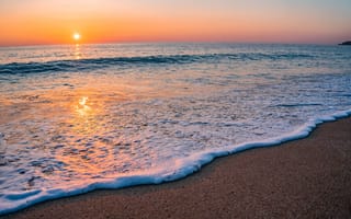 Картинка закат, море, пляж, волны, песок, природа, гладь воды