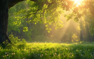 Картинка природа, дерево, свет, лес, трава, освещение, лето, пейзаж, цветы, спокойствие