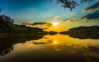 Картинка закат, река, природа, отражение, лес, небо, пейзаж
