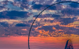 Картинка колесо обозрения, закат, облака, пейзаж, небо, город, аттракцион
