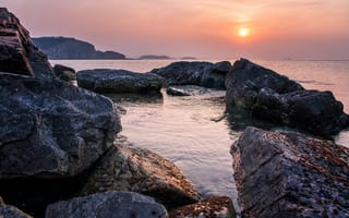Картинка закат, море, скалы, природа, пейзаж, водная гладь, пейзажный фон