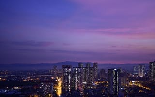 Картинка город, закат, небо, здания, ночь, пейзаж, огни