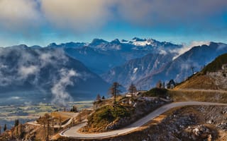 Картинка горы, пейзаж, дорога, природа, облака, осень, вид