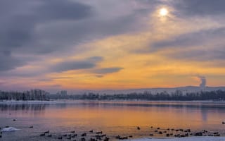 Картинка озеро, закат, природа, пейзаж, утки, зима, небо