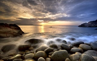 Картинка море, закат, камни, пейзаж, природа, волны, небо