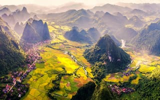 Картинка пейзаж, горы, природа, долина, село, зеленый, осень, река, фотография, красота